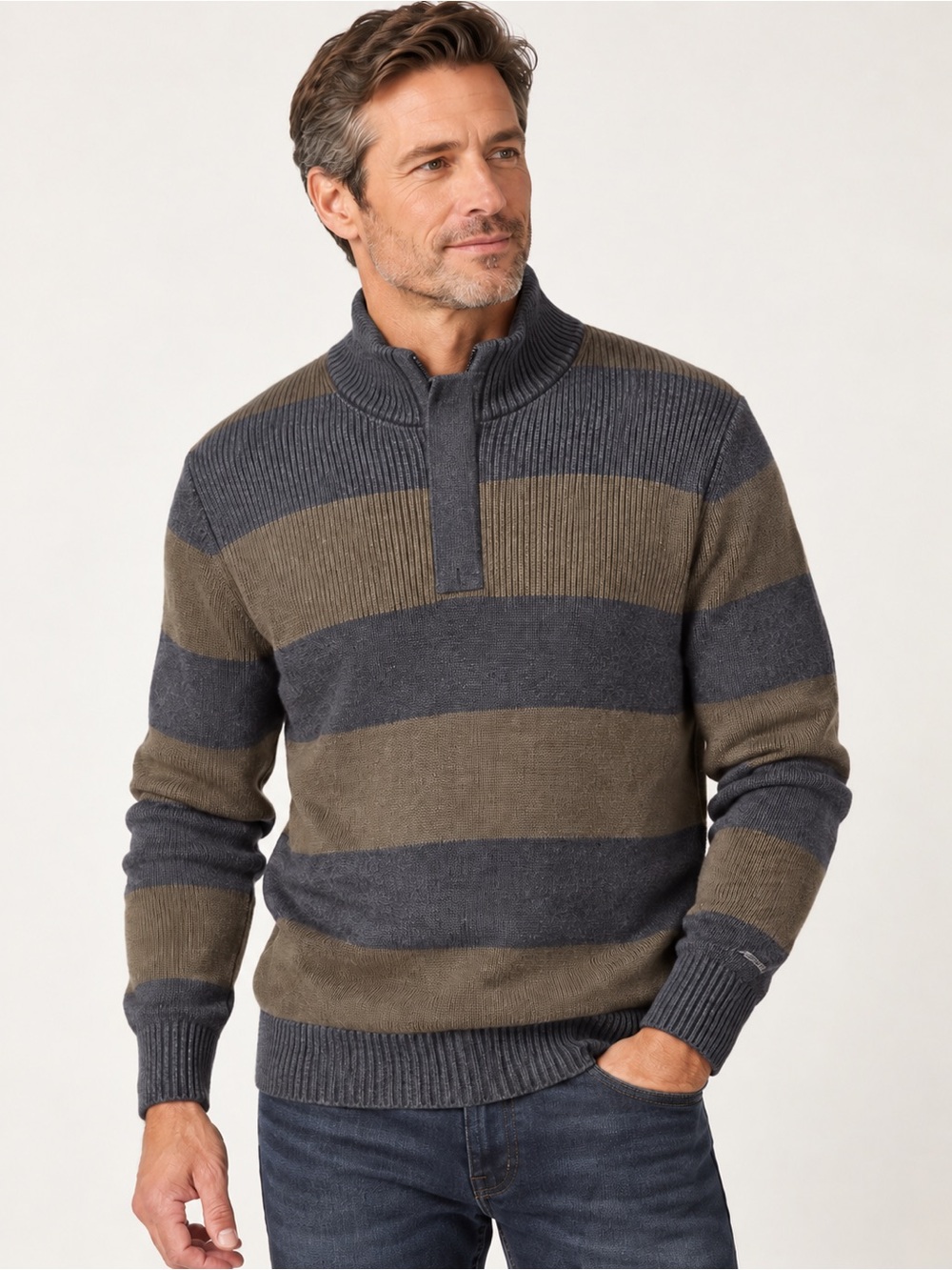 DKNY Jeans Men’s L Gray Khaki Striped Zip Neck Mock Neck Sweater